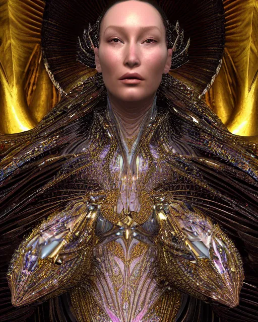 Prompt: a highly detailed metahuman 4 k close up render of an alien goddess bella hadid queen in iris van herpen dress schiaparelli in diamonds crystals swarovski and jewelry iridescent in style of alphonse mucha gustav klimt trending on artstation made in unreal engine 4