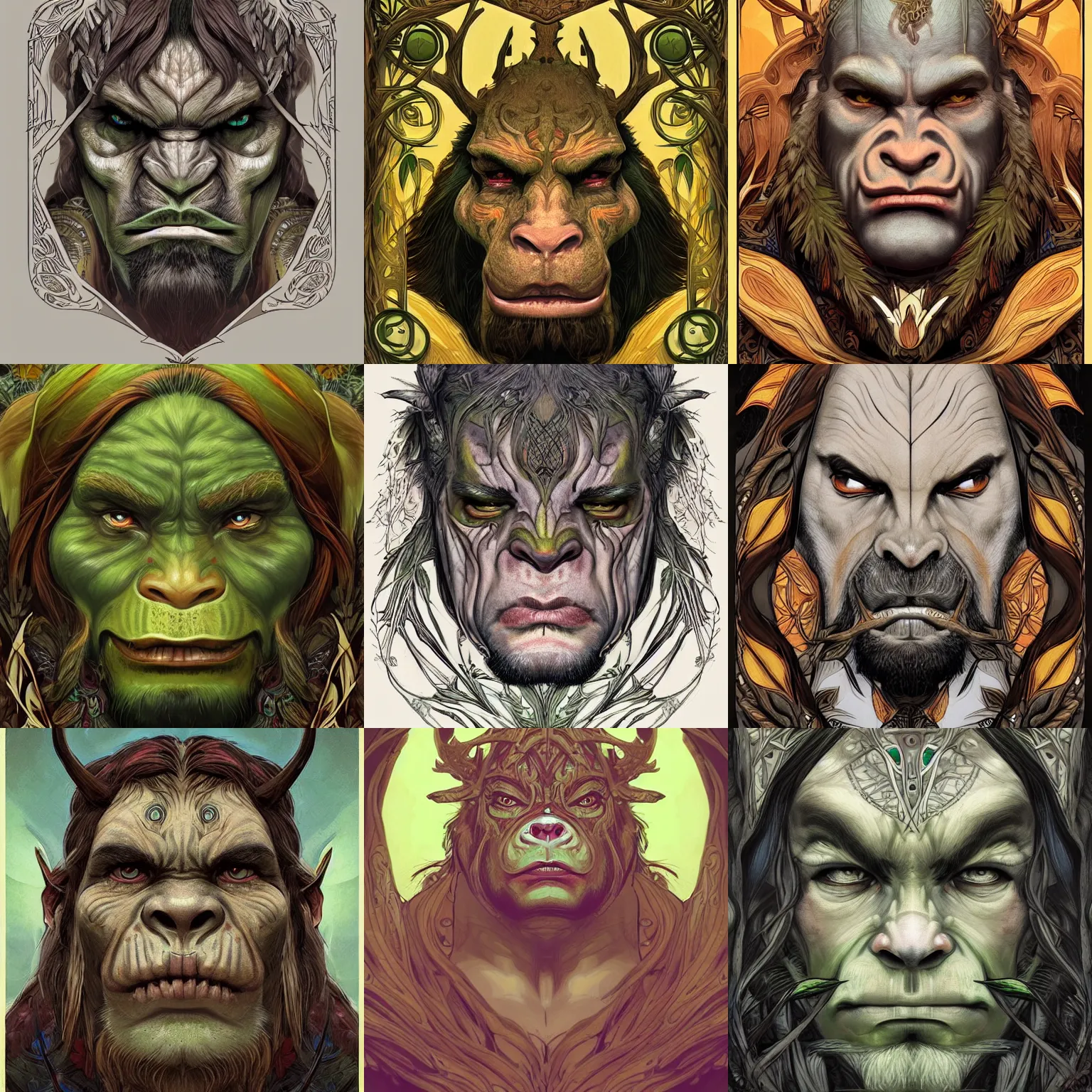 Prompt: head-on symmetrical centered painted portrait, D&D male orc forest druid, art nouveau, tarot card style, tarot card style, fantasy, intricate, elegant, highly detailed, smooth, sharp focus, illustration, artstation, in the style of Artgerm and Anna Podedworna and Alex Ross and Mucha