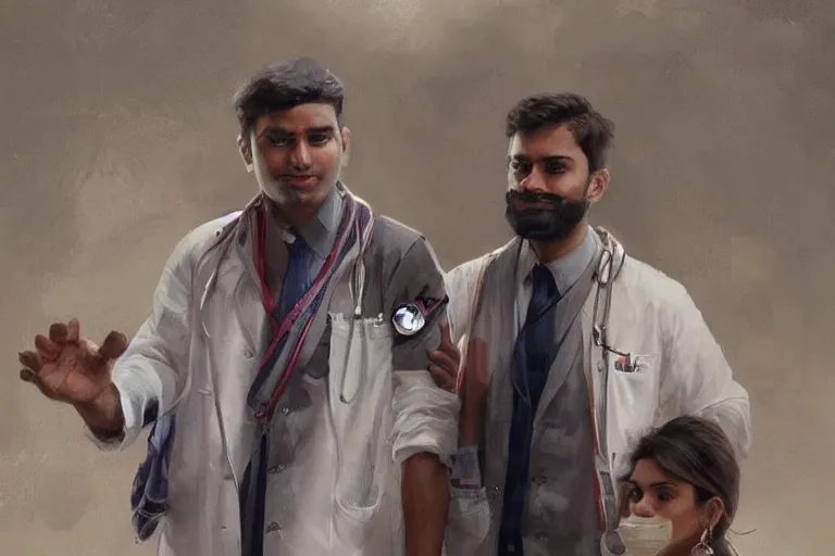 Image similar to Anxious good looking pale young Indian doctors wearing American clothes at the airport, portrait, elegant, intricate, digital painting, artstation, concept art, smooth, sharp focus, illustration, art by artgerm and greg rutkowski and alphonse mucha