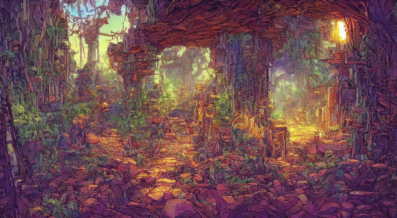 Prompt: open door wood wall fortress child house amazon jungle on portal unknow world ambiant fornite colorful deepdream that looks like it is from borderlands and by feng zhu and loish and laurie greasley, victo ngai, andreas rocha, john harris