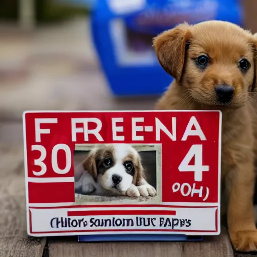 Image similar to photo of a sign beside a box of puppies saying Free Puppies, highly detailed, high quality, HD, 4k, 8k, Canon 300mm, professional photographer, 40mp, lifelike, top-rated, award winning, realistic, sharp, no blur, edited, corrected, trending