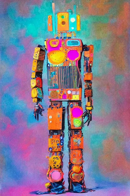 Prompt: a massive robot wearing a diy! costume, with fluo colored abstract organic details, muted colors, vivienne westwood, nausicaa, hyper real painting