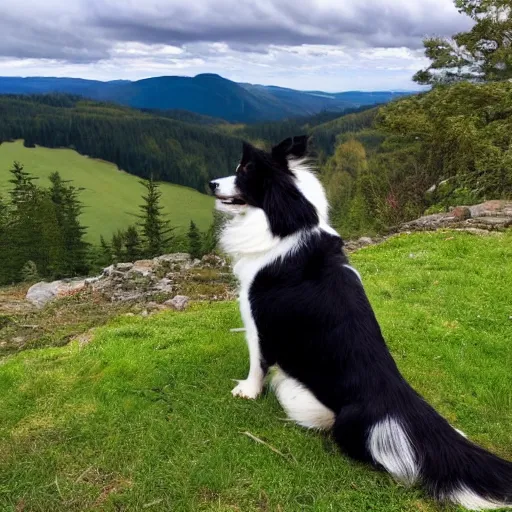 Image similar to a border collie sat outside a mountain cottage