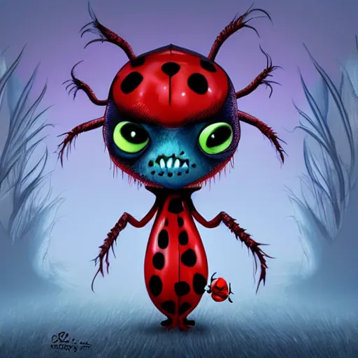 Prompt: ladybug as a monster, fantasy art style, scary atmosphere, nightmare - like dream ( animation style )