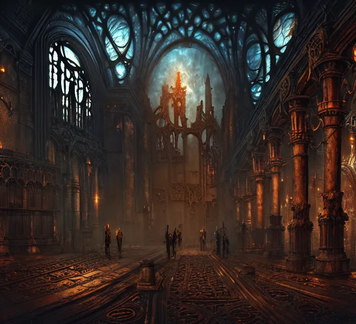 Image similar to steam necropolis, memento mori, gothic, neo - gothic, art nouveau, hyperdetailed copper patina medieval icon, stefan morrell, philippe druillet, ralph mcquarrie, concept art, steampunk, unreal engine, detailed intricate environment, octane render, moody atmospherics, volumetric lighting, ultrasharp, ominous, otherworldly