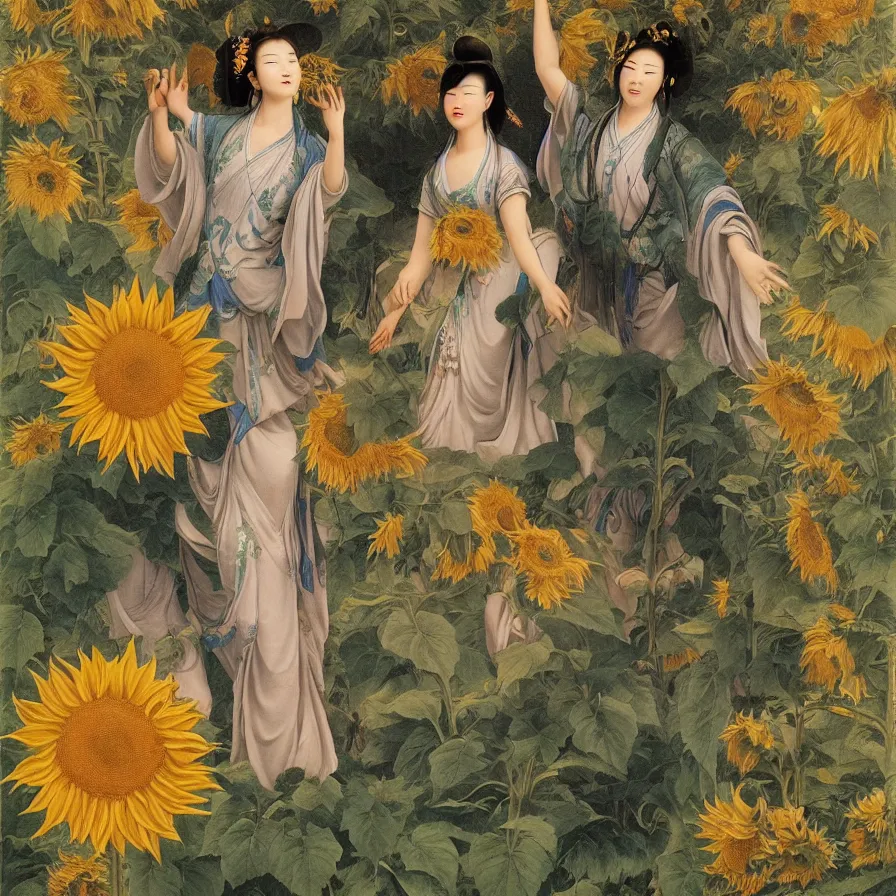 Prompt: The Chinese goddess of sunflowers dancing with the bearded Western god of primeval forests, by Raphael Hopper, and Rene Magritte. Detailed, romantic, enchanting, trending on ArtStation.