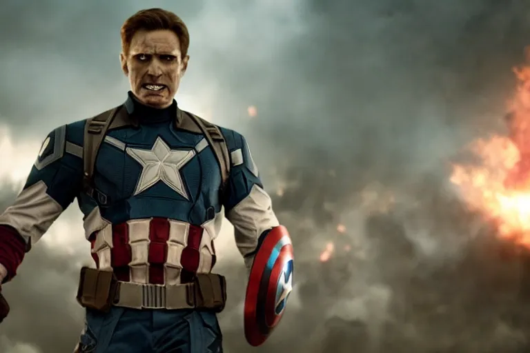 Prompt: film still of zombie Captain America in new avengers movie, 4k
