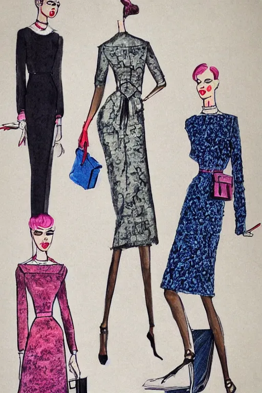 Image similar to a detailed high fashion illustration of a mid century outfit