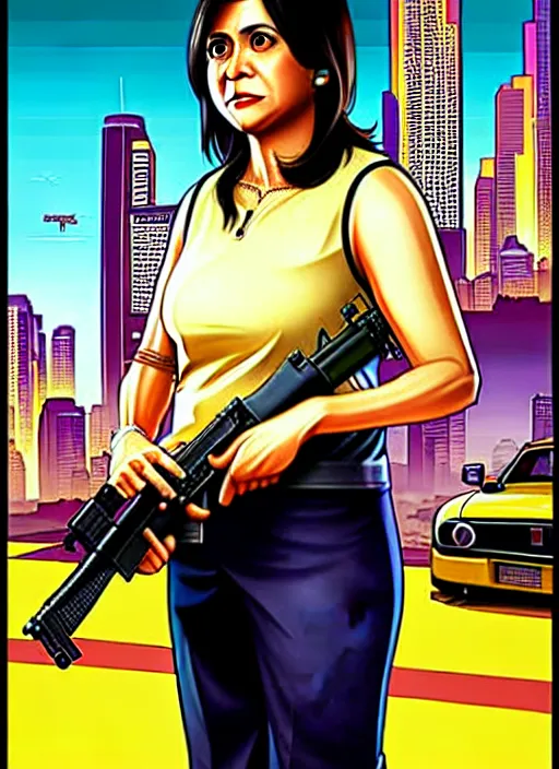 Image similar to leni robredo in grand theft auto game cover art by stephen bliss, detailed advertisement artwork, gta, gta loading screen