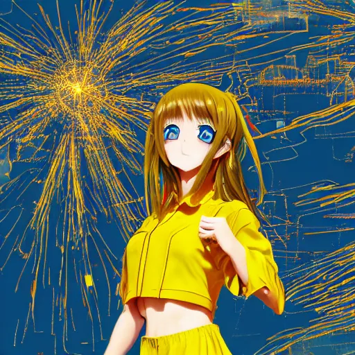 Image similar to anime ukrainian girl, in blue and yellow clothes, watching explosions in big city, concept art, trending on artstation, highly detailed, intricate, sharp focus, digital art, 8 k