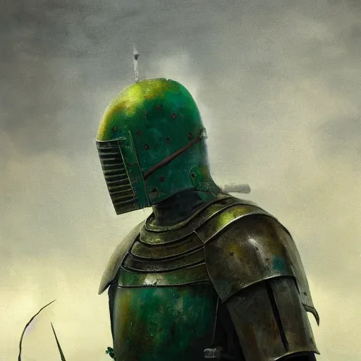 Prompt: Highly realistic and detailed painting of a knight in rusted armor, dark green energy radiates from the knight, oil painting, the knight is in full height, by Greg Rutkowski, 4k, moody lighting, dark fantasy