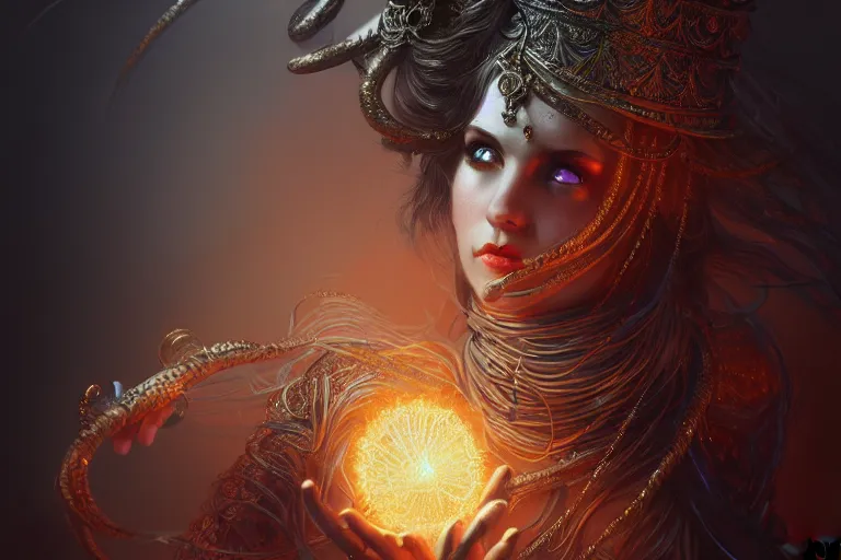 Image similar to Magician, female, fantasy, bangles, explosion, dramatic, intricate, elegant, highly detailed, digital painting, artstation, concept art, smooth, sharp focus, illustration, art by Gustave Dore, octane render