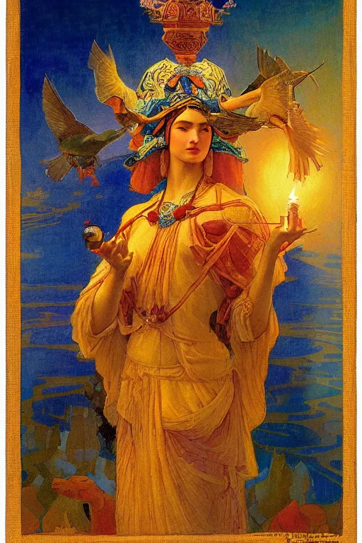 Prompt: queen of the dawn with her lantern and birds, by Nicholas Roerich and Gaston Bussière and jean delville and Annie Swynnerton, elaborate headdress and embroidered velvet, iridescent beetles, rich color, dramatic cinematic lighting, extremely detailed