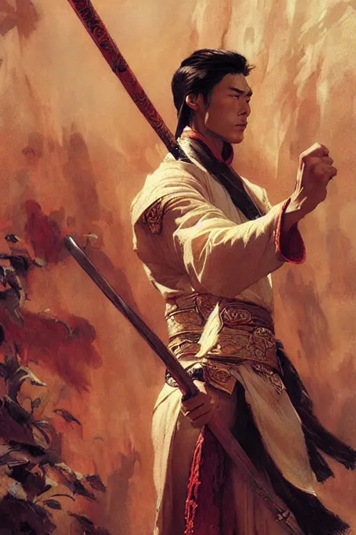 Image similar to wuxia, attractive male, character design, painting by gaston bussiere, craig mullins, j. c. leyendecker