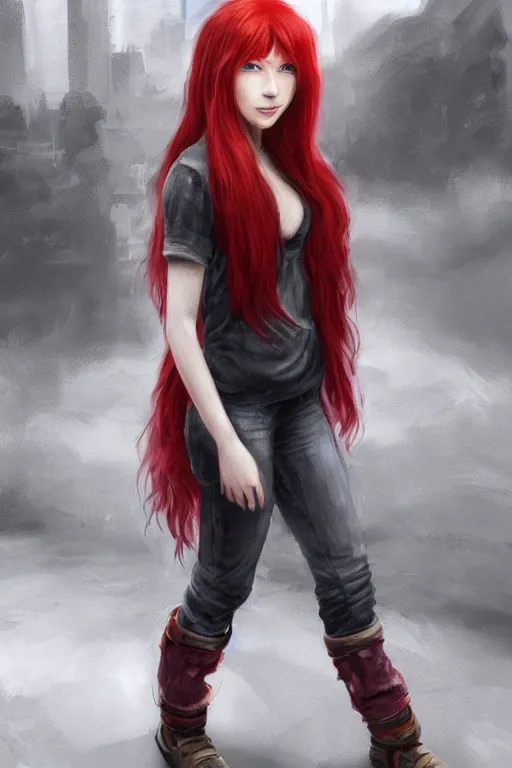 Image similar to beautiful cute red haired joyful and playful 1 9 year old maiden standing up in casual clothing, long hair, smirky face, modern city, rpg character, sci - fi, fantasy, intricate, elegant, digital painting, artstation, concept art, smooth, 8 k frostbite 3 engine, ultra detailed, art by artgerm and greg rutkowski and magali villeneuve