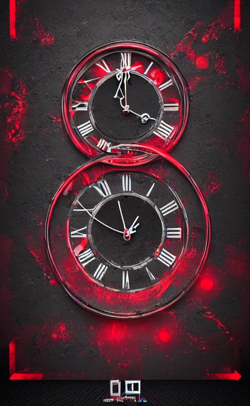 Image similar to a melting Roman numeral clock, behind a red and black gradient background, awith a black heart shaped on the top left corner and a black diamond card shape in the bottom right corner, dynamic lighting, photorealistic fantasy concept art, trending on art station, stunning visuals, cinematic, creative, ultra detailed