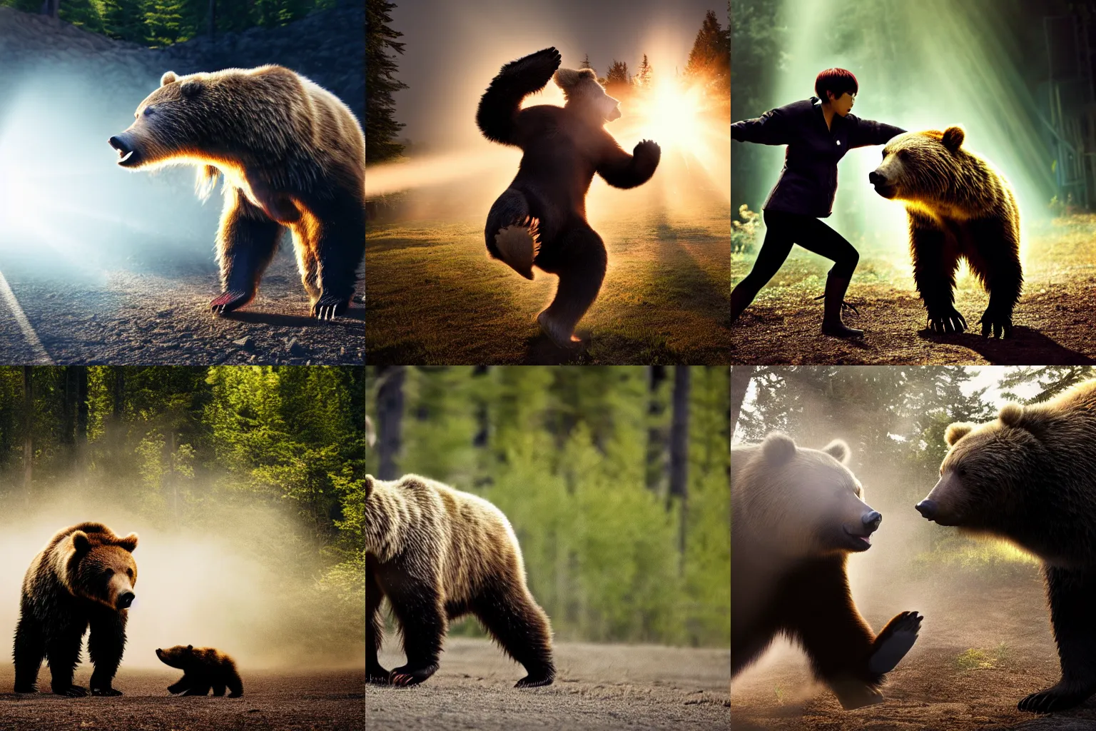 Prompt: photo of Chie Satonaka kicking a grizzly bear, natural lighting, moody shadows, god rays, faint dust in the air, DSLR photo, 4k