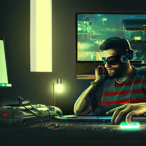 Image similar to realistic successful man typing on laptop in gaming room, artstation trends, cyberpunk concept art, highly detailed, intricate, sharp focus, digital art, 8 k