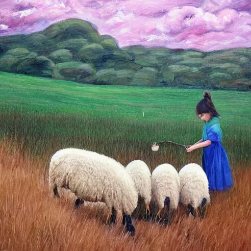 Prompt: girl feeding sheep with grass, beautiful painting, stunning landscape