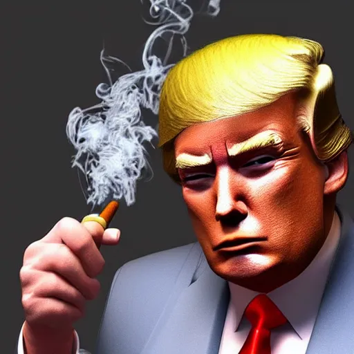 Image similar to a high quality photo of donald trump smoking a cigar, 3d scene, render, ultra realistic, artstation, cgsociety