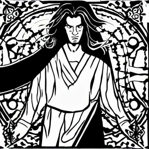 Image similar to black and white pen and ink!!!!!!! Twin Peaks Black Lodge goetic vampire Leonardo Di Caprio handsome robes flowing royal hair golden!!!! Vagabond!!!!!!!! floating magic swordsman!!!! glides through a beautiful!!!!!!! liquid magic floral crystal battlefield dramatic esoteric!!!!!! Long hair flowing dancing illustrated in high detail!!!!!!!! by Moebius and Hiroya Oku!!!!!!!!! graphic novel published on 2049 award winning!!!! full body portrait!!!!! action exposition manga panel black and white Shonen Jump issue by David Lynch eraserhead and beautiful line art Hirohiko Araki!! Rossetti, Millais, Mucha, Jojo's Bizzare Adventure