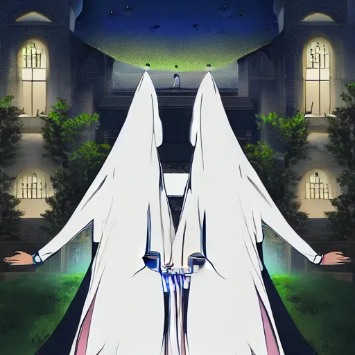 Image similar to two identical female nuns outside at night, viewed from above, clean detailed anime art