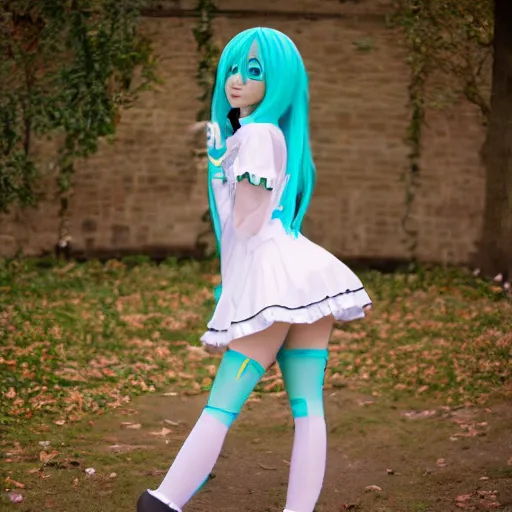 Image similar to Hatsune Miku cosplay, full-length photo, 35 mm