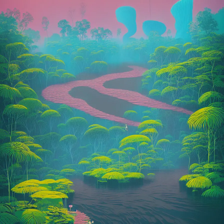 Image similar to ( ( ( gediminas pranckevicius ) ) ), river flow through borneo jungle, summer morning, very coherent and colorful high contrast art by james gilleard floralpunk screen printing woodblock, dark shadows, pastel color, hard lighting