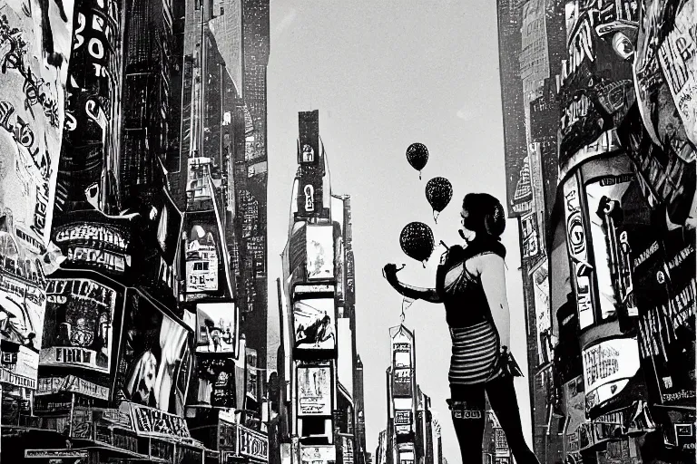 Image similar to an intricate, awe inspiring cyberpunk illustration of a girl with balloon, Times Square, by Ansel Adams ((black and white))