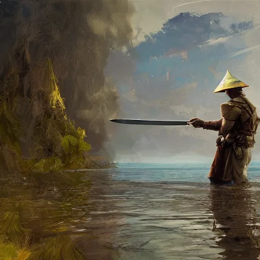 Image similar to digital painting of a hand holding a sword coming out of a lake by james gurney, craig mullins