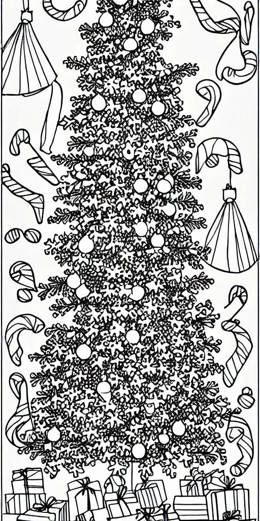 Image similar to black and white coloring book page of christmas trees, christmas decorations and candy canes