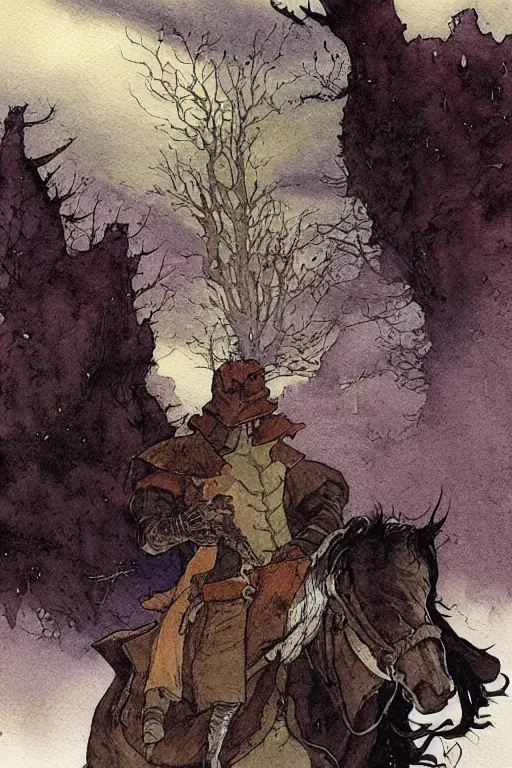 Image similar to a simple and atmospheric watercolour portrait of a the headless horseman on halloween, very muted colors, by rebecca guay, michael kaluta, charles vess and jean moebius giraud