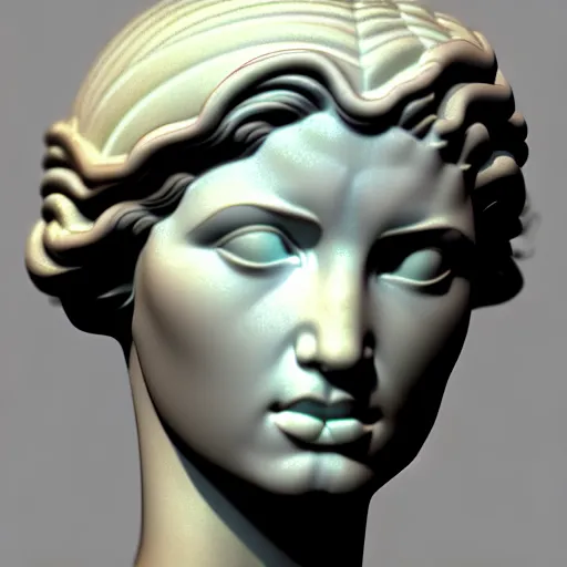 Image similar to 3 d sci - fi cgartist ambient occlusion rendering of a hyper realistic marble greek statuary godess head product photo bright white backdrop high key anaglyph colored lighting by chris moore, by edward hopper, by col price, trending on artstation