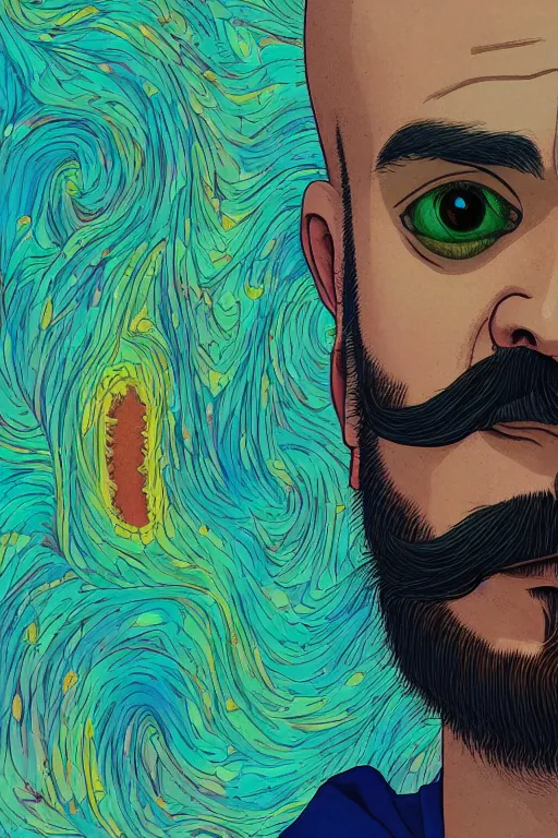 Prompt: a colorful closeup portrait of a handsome young bald man with a very long wild beard and moustache, green eyes, sucking a blotter paper of lsd acid and dreaming psychedelic hallucinations in the vast icy landscape of antarctica, by kawase hasui, moebius and edward hopper, colorful flat surreal design, hd, 8 k, artstation