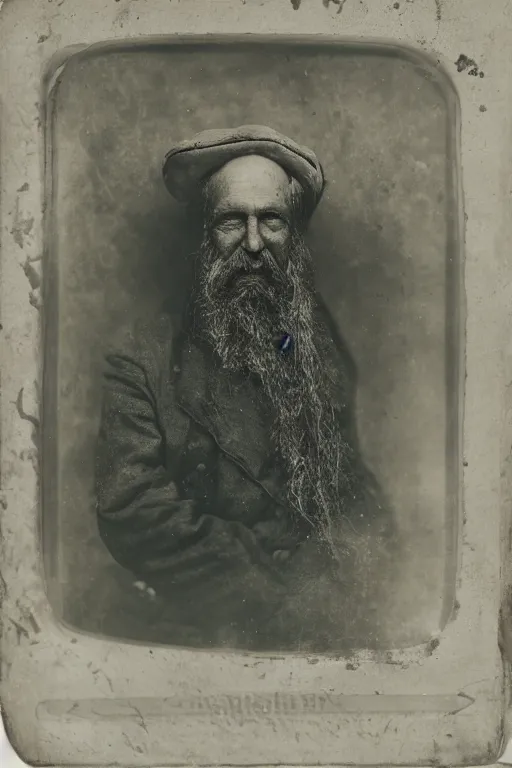 Prompt: a wet plate photograph of a grizzled old sea captain