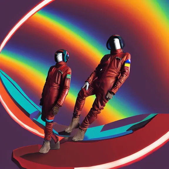 Image similar to two time pilots wearing red rick owens pilot suits inside the glowing geometric rainbow portal to the sixth dimension by frank frazetta