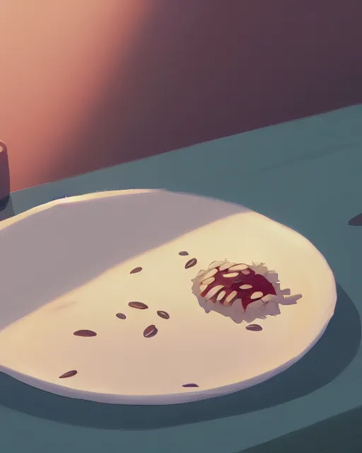 Image similar to a plate with suhi and cooked rice on a kitchen table, cory loftis, james gilleard, atey ghailan, makoto shinkai, goro fujita, studio ghibli, rim light, exquisite lighting, clear focus, very coherent, plain background, soft painting
