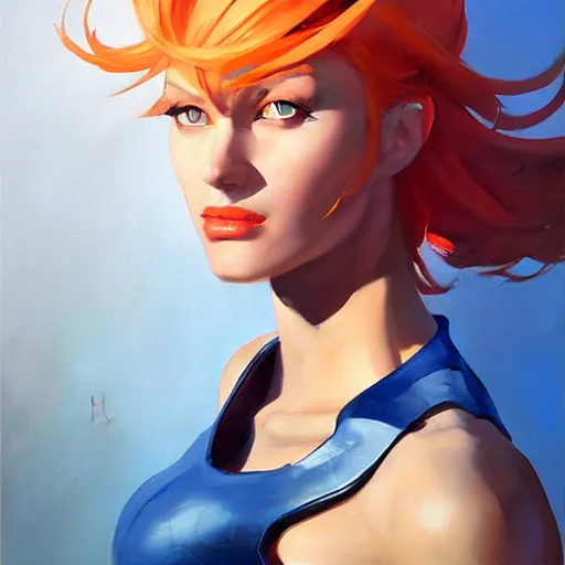 Image similar to Greg Manchess portrait painting of Mystique as Overwatch character, medium shot, asymmetrical, profile picture, Organic Painting, sunny day, Matte Painting, bold shapes, hard edges, street art, trending on artstation, by Huang Guangjian and Gil Elvgren and Sachin Teng