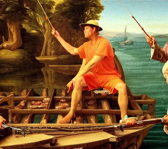 Image similar to Tom hanks as forrest fishing for shrimp in a giant shrimp boat, majestic beautiful world, renaissance painting, amazing detail