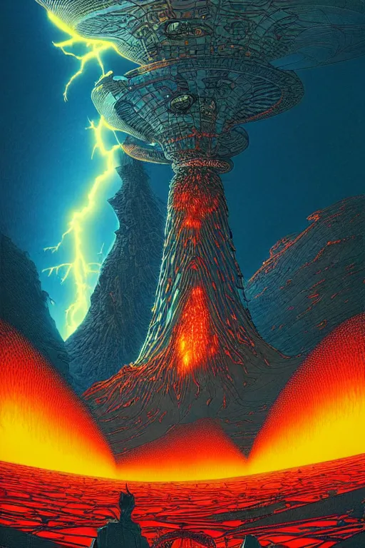 Prompt: artwork by kilian eng and toshi yoshida and franklin booth showing a futuristic powerstation!! in front of a ( ( erupting volcano ) ), vintage scifi, high details, dramatic lightning,, 8 k