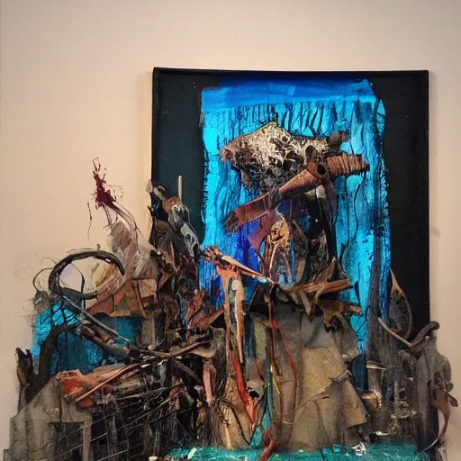 Image similar to flooded misery. mixed media display, private collection. epic artwork.