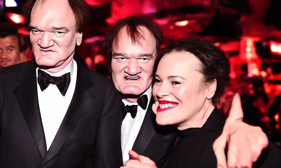 Prompt: Quentin Tarantino smiling at the camera while a female toe is approaching to his mouth. Cinematic lighting. 4k ultra hd. Portrait. Low lights nightclub background.