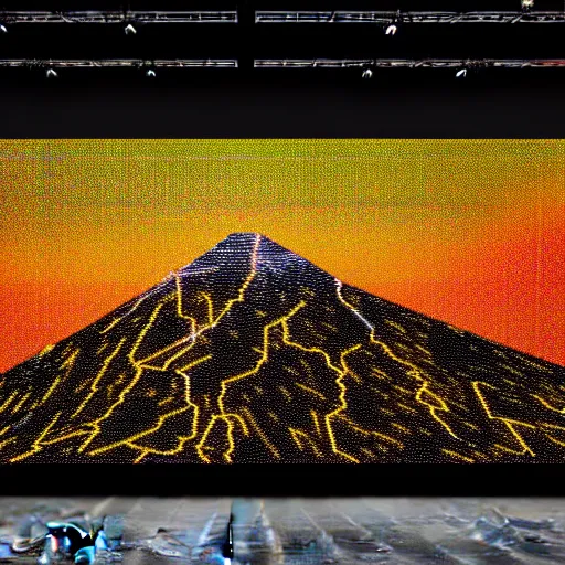 Image similar to a mountain made out of computer screens that display bitcoin logos, cinematic, post apocalyptic landscape, harsh contrast lighting, in the style of photorealism, made by richard estes robert cottingham gerhard richter robert longo ellen altfest