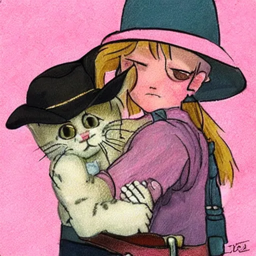 Prompt: baby kitten with a cowboy hat hugging a pink baby kitten, drawing by studio ghibli