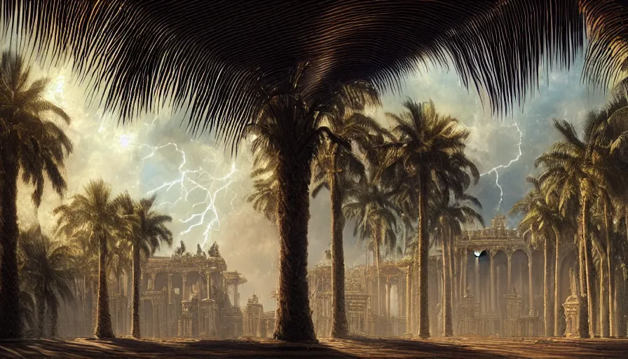 Prompt: a ultradetailed beautiful painting of the thundertorm sky of amazonas palace balustrade designed by gustave dore, derek zabrocki, greg rutkowski, belsinski, beach, trending on artstation, mediterranean, palm trees, sharp focus, colorful refracted sparkles and lines, soft light, 8 k 4 k