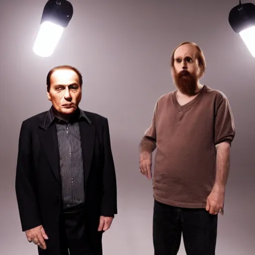 Image similar to Silvio Berlusconi and Burzum in real life, studio lighting