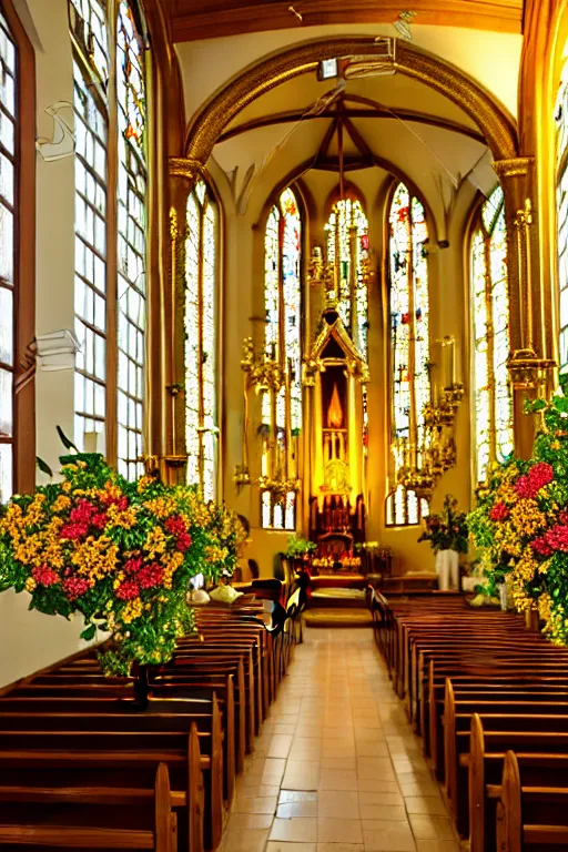 Prompt: photo inside a church full of flowers, golden ornaments highly detailed