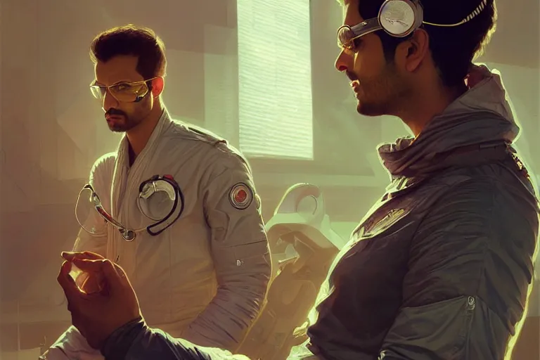 Prompt: Sensual good looking pale young Indian doctors wearing Deus Ex clothing in a space station above Earth, portrait, elegant, intricate, digital painting, artstation, concept art, smooth, sharp focus, illustration, art by artgerm and greg rutkowski and alphonse mucha