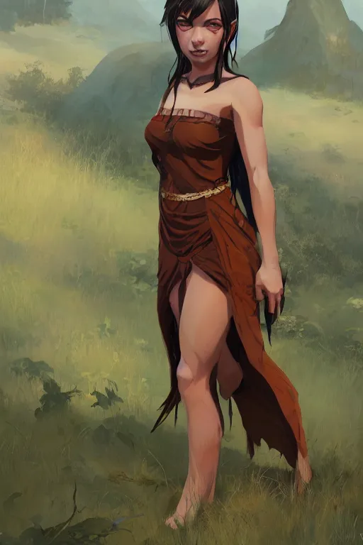 Image similar to half orc half elf woman, beautiful face and small orc tusks, amber mage dress with high slit, several layers of fabric, standing in the savannah, by ilya kuvshinov, krenz cushart, Greg Rutkowski, trending on pixiv