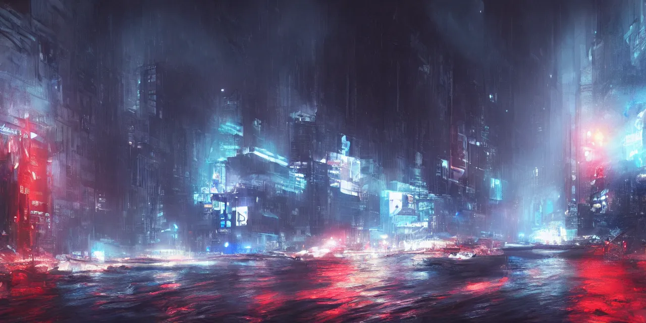 Image similar to street level view of turbulent river rapids rushing through a city at night , volumetric lighting, blue and red glowing lights, 4k, octane, digital painting, artstation, concept art, sharp focus, illustration, high contrast, high saturation , cinematic film still, by Jeremy Mann